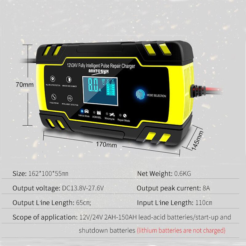 12V-24V 8A Full Automatic Battery-chargers Digital LCD Display Car Battery Chargers Power Puls Repair Chargers Wet Dry Lead Acid