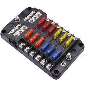 Car Boat Fuse Box Holder With 12 Way Blade Fuse Holder Block & Warning Indicator 12V~24V Power Distribution Panel Board