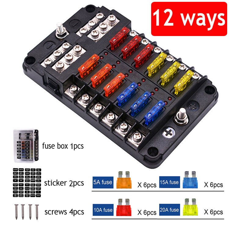 Car Boat Fuse Box Holder With 12 Way Blade Fuse Holder Block & Warning Indicator 12V~24V Power Distribution Panel Board